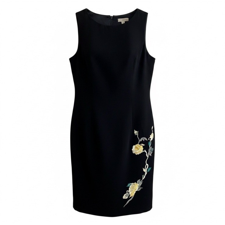 Vtg 90s Little Black Dress Floral Embroidered Sz 10 Classic Cocktail Career Chic